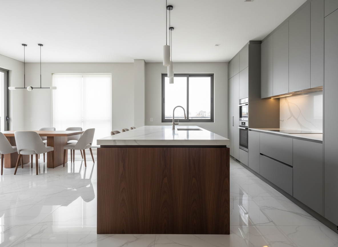 Una cocina integral premium de concepto abierto en un apartamento de lujo colombiano, con una gran isla central en cuarzo blanco puro de veta sutil y frentes en madera nogal oscura con vetas verticales perfectamente alineadas. El piso en porcelanato efecto mármol pulido refleja la luz. Al fondo, muebles altos en laca gris humo mate sin tiradores, con sistema push. Luz natural entra por un ventanal de piso a techo, combinada con iluminación cálida empotrada bajo muebles y tres lámparas colgantes minimalistas sobre la isla. Fotografía realista a nivel de ojo, composición limpia y simétrica, atmósfera sofisticada, serena y contemporánea, con profundidad de campo media que mantiene toda la cocina nítida y el comedor apenas desenfocado.