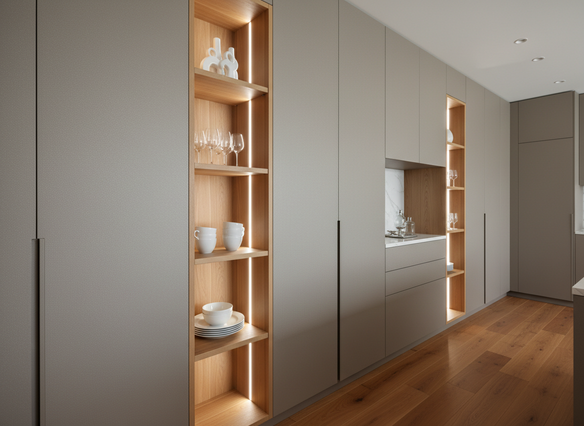 Closet y mobiliario auxiliar a medida contiguo a una cocina premium, diseñado como espacio de apoyo doméstico de alta gama. Módulos en melamina texturizada gris topo con cantos invisibles, herrajes ocultos y puertas de piso a techo, combinados con nichos abiertos en madera natural para exhibir vajillas y objetos decorativos (sin personas). El piso es en madera de ingeniería en tono caramelo. Iluminación lineal LED empotrada en los laterales de los nichos crea un efecto de galería. Fotografía de estilo editorial, encuadre ligeramente angular que muestra profundidad del pasillo de almacenamiento. Estética refinada y funcional, transmitiendo orden, silencio visual y la continuidad del diseño integral más allá de la cocina principal, con realismo fotográfico y acabado impecable.