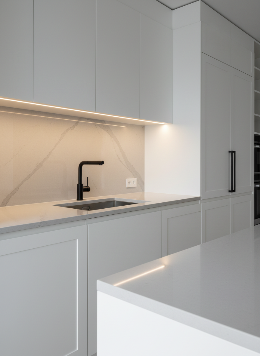 Detalle cercano de una cocina de alta gama con gabinetes a medida en laca blanca ultramate y cubierta en piedra sinterizada gris claro con borde biselado perfecto. En primer plano, una superficie impecablemente despejada muestra un fregadero bajo cubierta en acero cepillado y una grifería monomando negra mate de diseño arquitectónico. El backsplash en gran formato de porcelanato calacatta luce vetas grises suaves. Iluminación lineal LED cálida bajo los muebles superiores crea un resplandor continuo que resalta texturas y genera sombras delicadas. Fotografía hiperrealista con ángulo ligeramente elevado, fondo suavemente desenfocado donde se adivinan columnas de almacenamiento integrales. Estética minimalista, precisa y sofisticada, transmitiendo sensación de orden absoluto y lujo discreto.